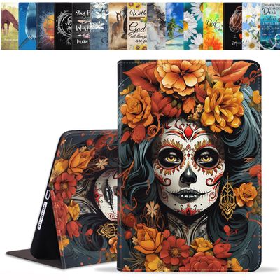 BWOOLL Case for iPad (A16) 11th Generation 11 Inch 2025, iPad 10th Generation 10.9 Inch 2022, Slim Lightweight PU Leather Stand Cover with Auto Wake/Sleep, Sugar Skull Girl Flowers