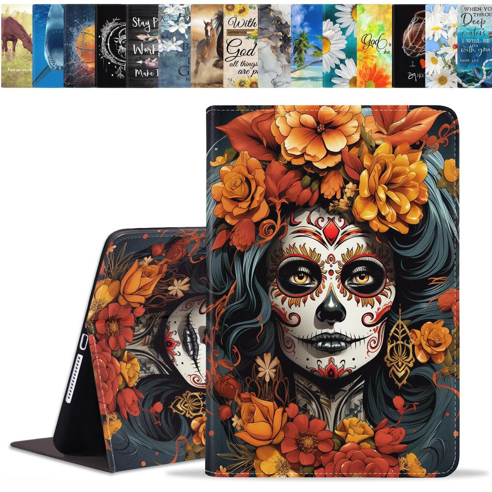 BWOOLL Case for iPad (A16) 11th Generation 11 Inch 2025, iPad 10th Generation 10.9 Inch 2022, Slim Lightweight PU Leather Stand Cover with Auto Wake/Sleep, Sugar Skull Girl Flowers