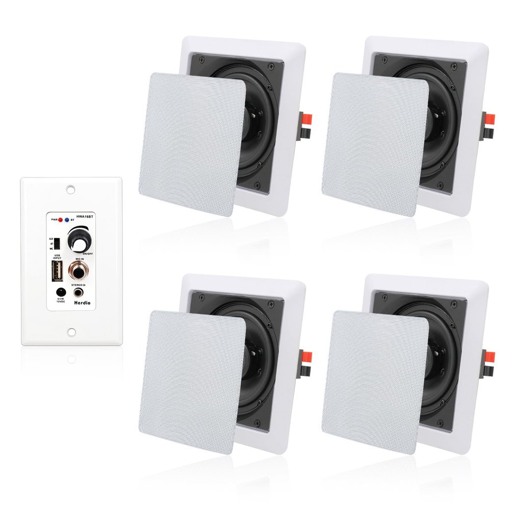 Herdio 5.25 Inches 2-Way Bluetooth Ceiling Speakers with 4 Channel Wall Amplifier, 320W Square in Wall Speaker System for Home Theater Office Kitchen, 2 Pairs