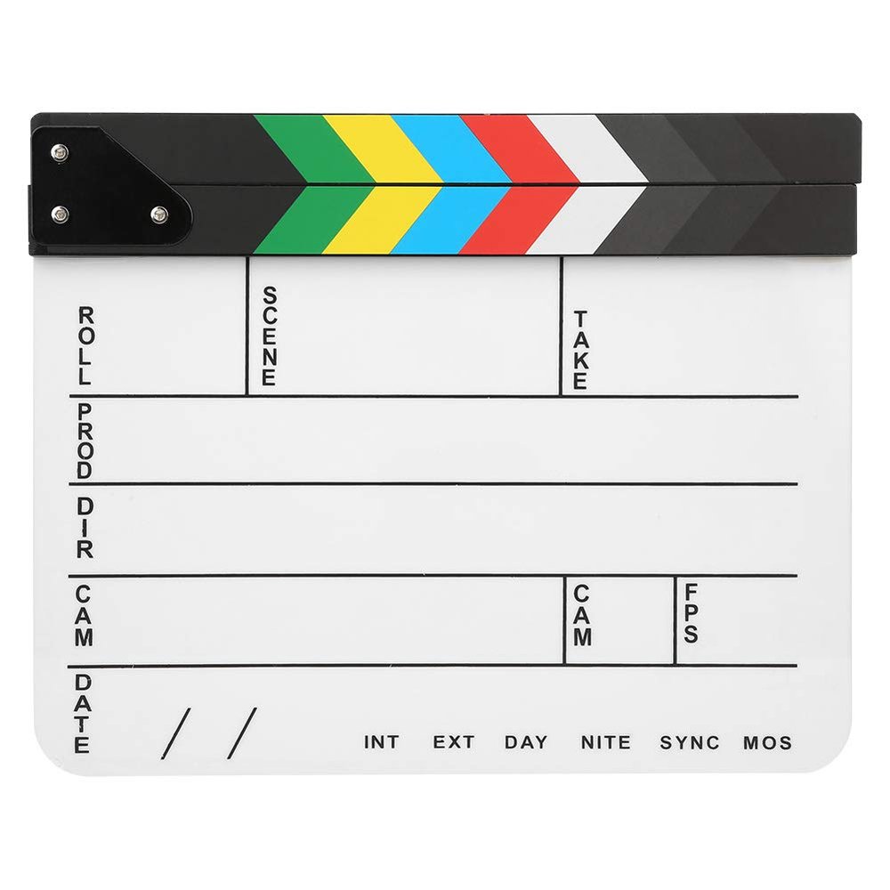 Pilipane Movie Film Clap Board, Photography Studio Video TV Acrylic Board, 11 81x9 84inch Movie Clapboard Cut Action Scene Board (Color Strip White Board)