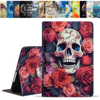 BWOOLL for iPad 9.7 2018/2017 Case, iPad Air/Air 2 Case, Premium PU Leather Folding Stand Folio Cover with Auto Wake/Sleep for Apple iPad 6th/5th Gen, Skull Roses