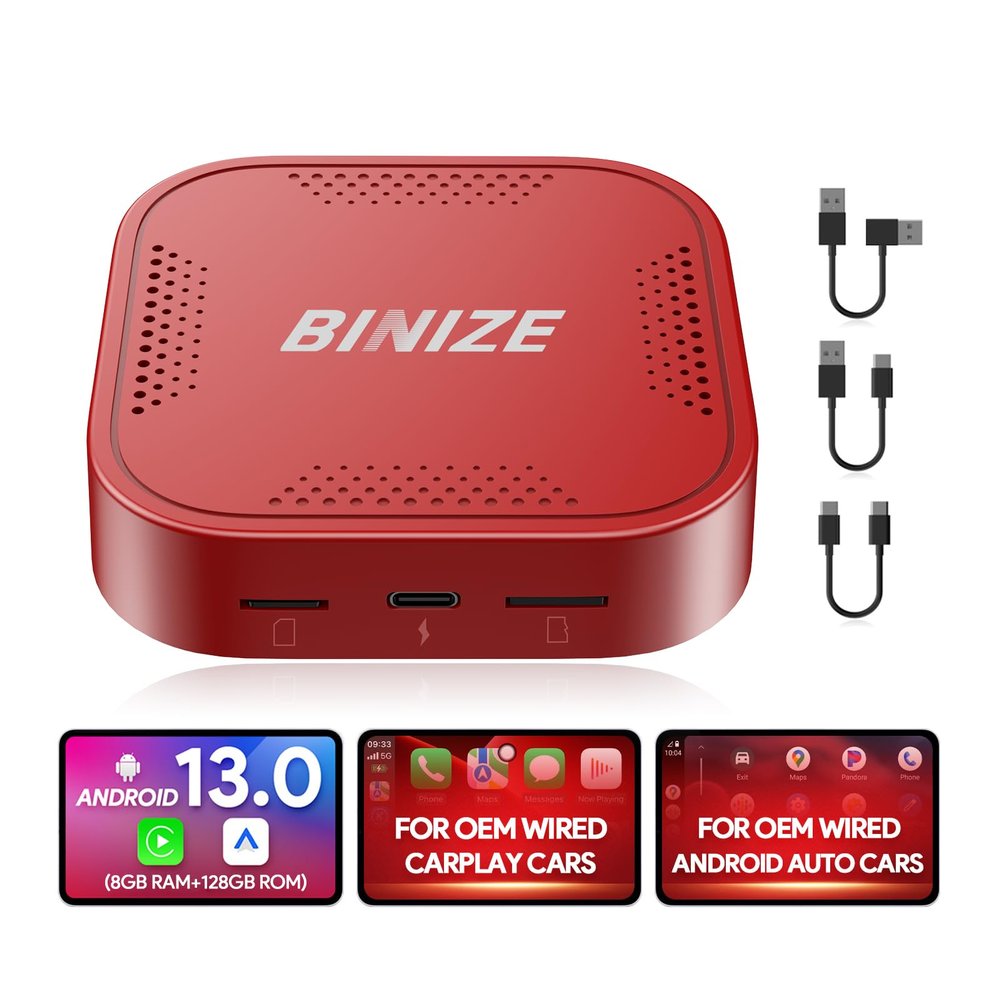 Binize Carplay Ai Box Android 13 AndroidAuto AI Box Wireless Carplay AndroidAuto Built-in Navigation, Support Video APPS etc. Support Car with OEM Wired CarPlay/Android Auto (Red 8G+128G)