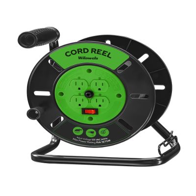 WILAWELS Extension Cord Storage Reel with 4-Grounded Outlets, 15A Circuit Breaker, Heavy Duty Open Cord Reel for 12/3,14/3,16/3 Gauge Power Cord, Hand Wind Retractable, ETL Listed, Green J95CR06