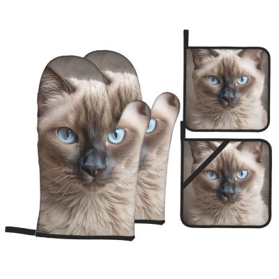 CSGJMYGS Oven Mitts and Pot Holders Set of 4 Heat Resistant Oven Glove and Hot Pads Beautiful Siamese Cat Kitchen Oven Mittens Non-Slip Potholder for Cooking Baking Grilling