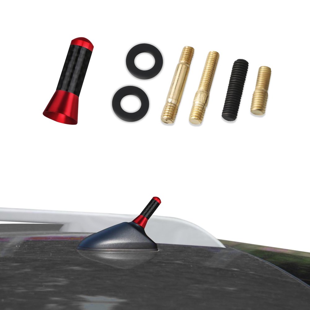 Kutyun Car Radio Stereo Antenna Mast, Car Antenna Replacement, 1.37" Carbon Fiber Auto AM/FM Radio Reception with Screws, Automotive Roof Short Stereo Replacement Mast for Most Vehicles (Red)