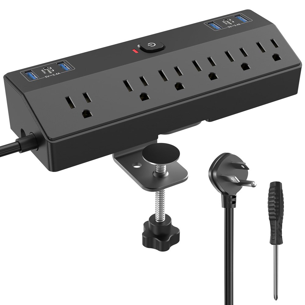 Desk Clamp Power Strip 2 USB C Desktop Mount Outlet Charging Station, 10FT Extension Cord Flat Plug with 6 AC, Removable 40W Fast Charging Surge Protector Power Strip Fits 1.8" Office Tabletop Edge