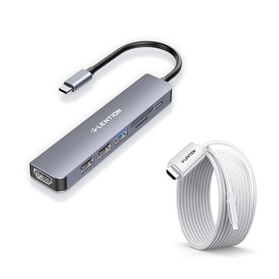 LENTION USB C Hub with 100W Charging, 4K HDMI, Dual Card Reader, USB 3.0 & 2.0 and 6FT USB C to DisplayPort Cable Adapter (4K@60Hz,2K@165Hz)