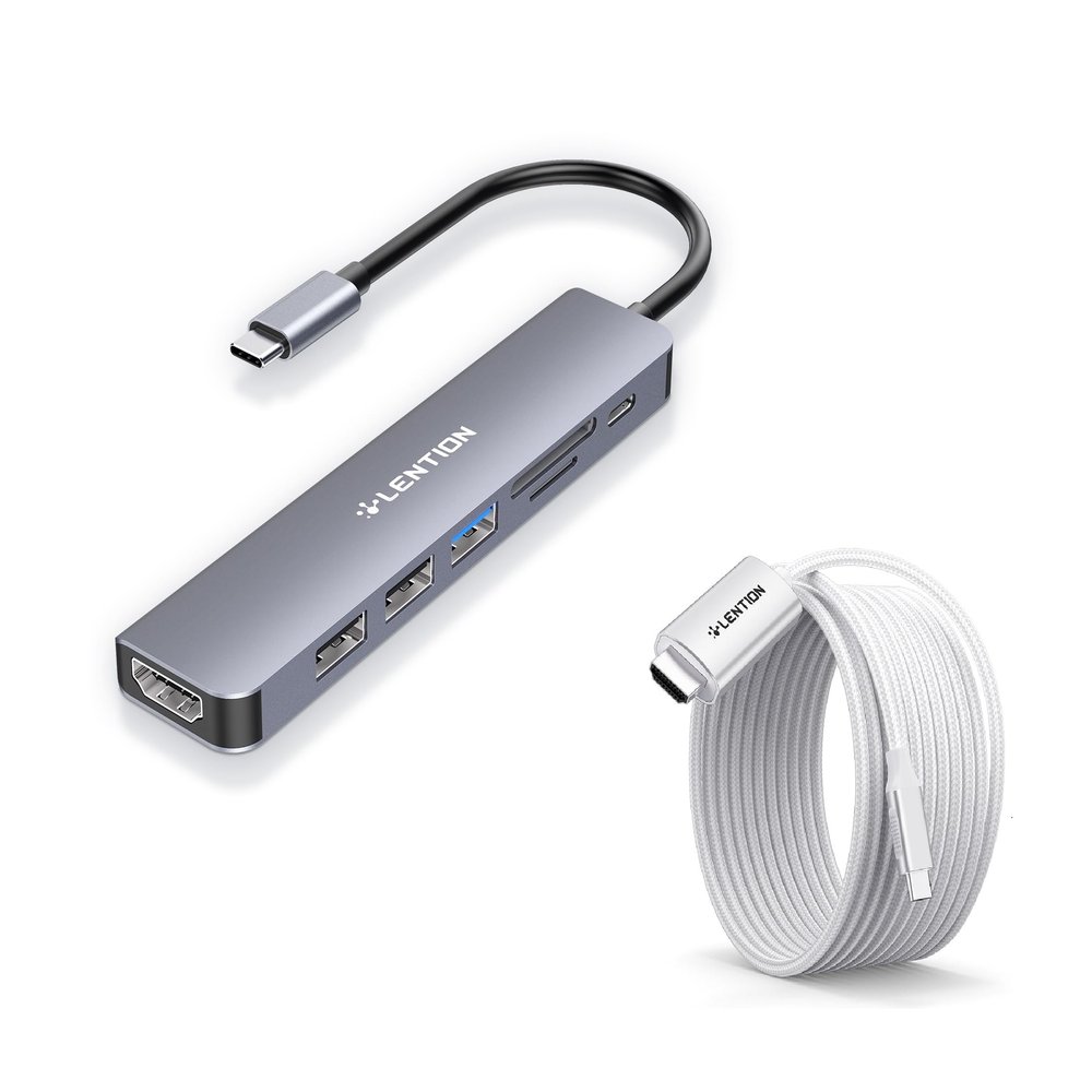 LENTION USB C Hub with 100W Charging, 4K HDMI, Dual Card Reader, USB 3.0 & 2.0 and 6FT USB C to DisplayPort Cable Adapter (4K@60Hz,2K@165Hz)