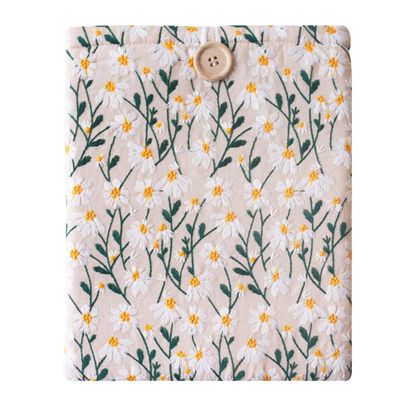 Embroidered Fabric Sleeve for iPad Pro 11, iPad Air 10.9, Surface Pro 12, Galaxy Tab S10, Hardcover Books - Padded Cover for Large Tablets & E-Readers - Multiple Colors (White & Beige - Button)