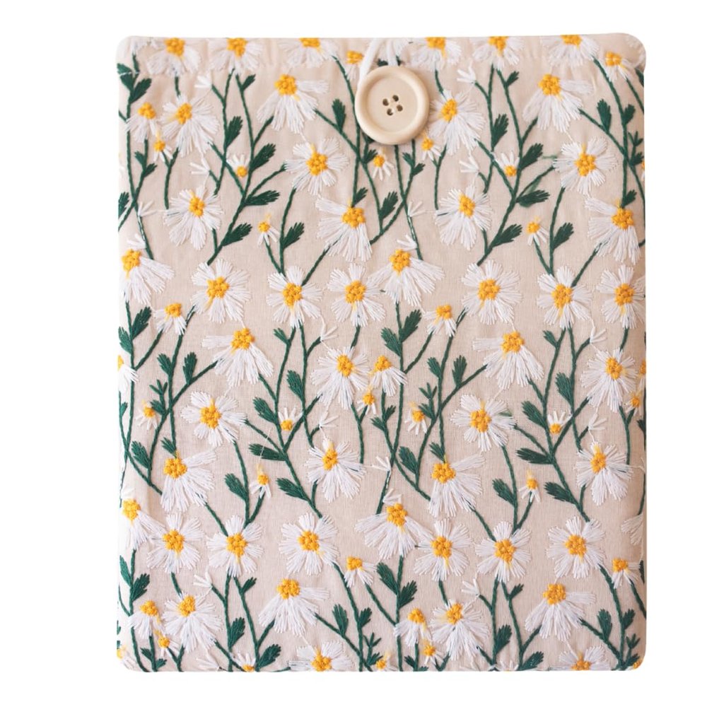 Embroidered Fabric Sleeve for iPad 9.7/10.2/10.5/10.9, Nook Glowlight Plus, Mass Market Paperback Books  Padded Protective Cover, Handcrafted Character - White & Beige Daisy