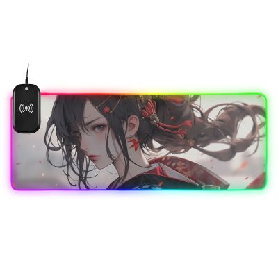 ZENWAWA RGB Gaming Mouse Pad with Wireless Charging, Extended Personalized LED Mouse Mat with 14 Light Effects for Desk-Samurai Anime Print