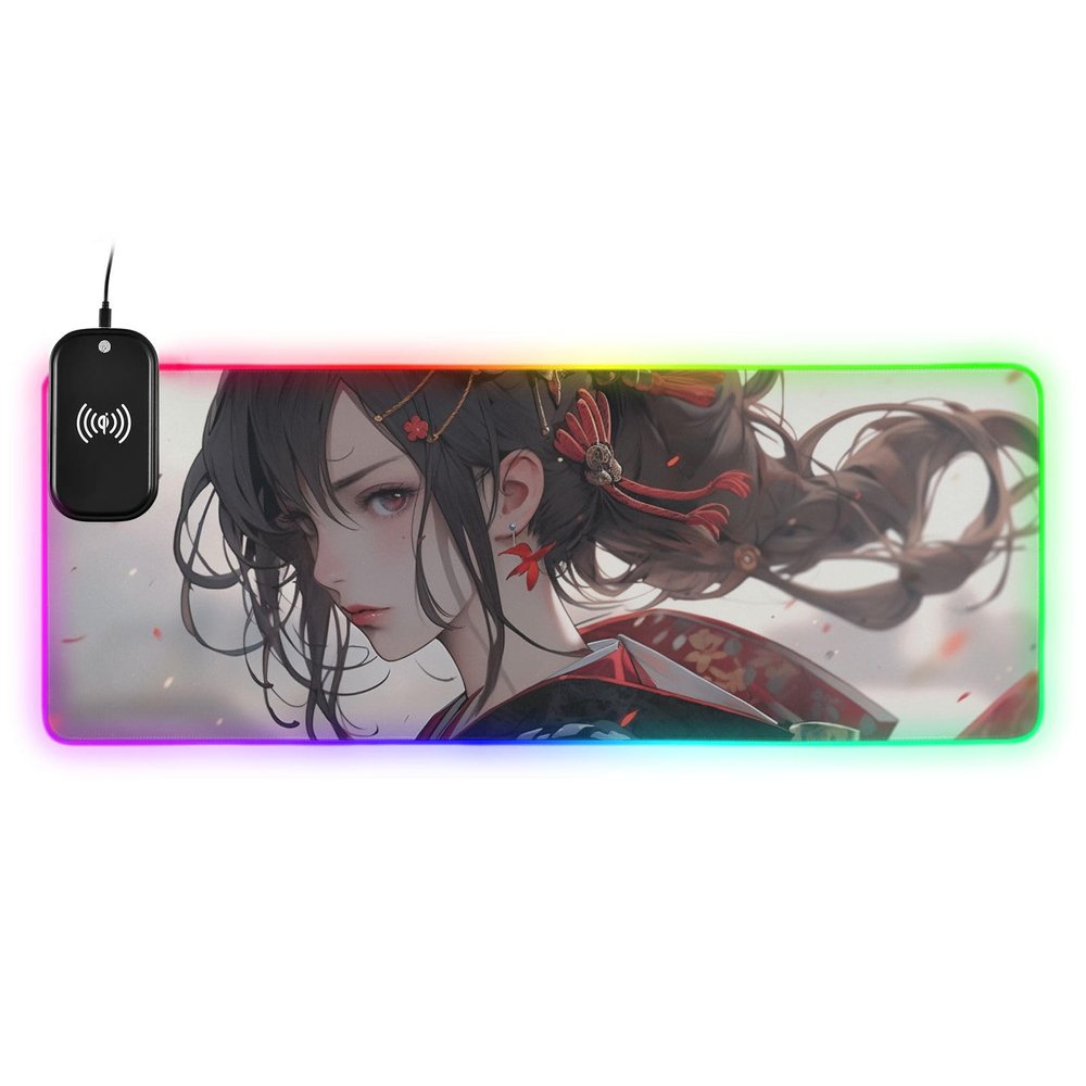 ZENWAWA RGB Gaming Mouse Pad with Wireless Charging, Extended Personalized LED Mouse Mat with 14 Light Effects for Desk-Samurai Anime Print