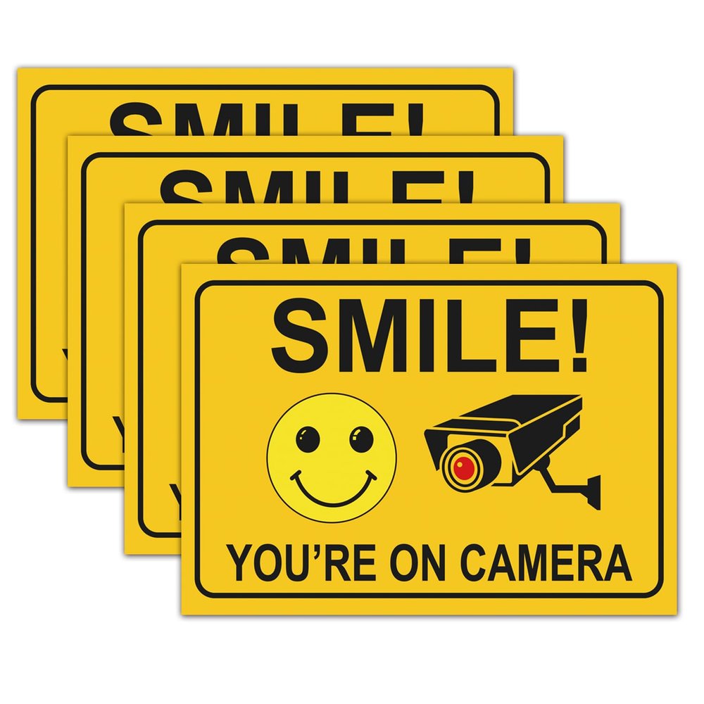 4 Smile You're on Camera Stickers for Home, 10 X 7 Inch Self-Adhesive Vinyl Decal, Video Surveillance Signs Outdoor, Security Camera Signs for Business, Driveway Alert, and CCTV.