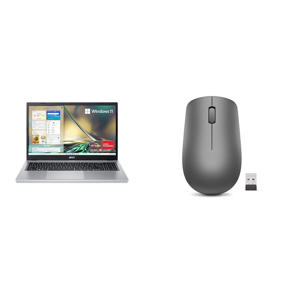 Acer Aspire 3 A315-24P-R7VH Slim Laptop | 15.6" Full HD IPS Display & Lenovo 530 Full Size Wireless Computer Mouse for PC, Laptop, Computer with Windows - 2.4 GHz Nano USB Receiver