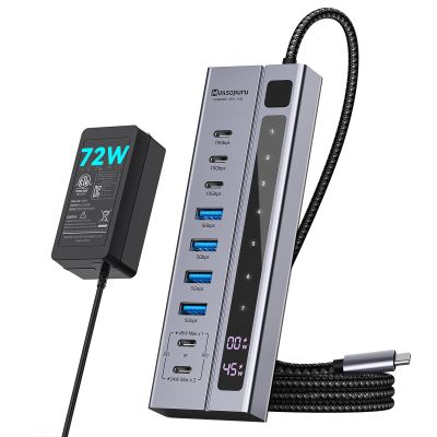 Minisopuru Powered USB C Hub  Support Max 45W Charging with 72W Power Adapter, 10Gbps Data Transfer, USB-C Powered Hub for Laptop, MacBook,iPad (Not for Monitor)