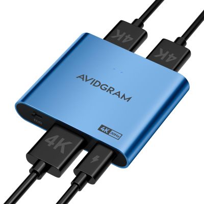 HDMI Splitter 1 in 2 Out 4K, AVIDGRAM HDMI 2 Port Splitter with Auto, Copy, and Fixed Mode for Dual Identical Display, Compatible with Xbox, PS4 Pro, PS5 (Blue)