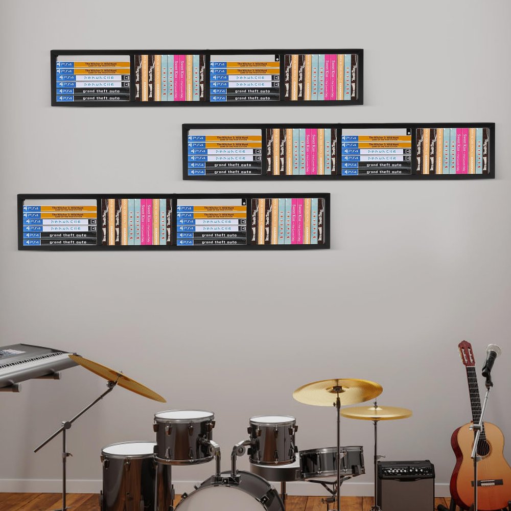 BINELUCOLU CD Storage Rack, Set of 3 34Inch Metal Floating CD Holder Wall Mounted DVD Storage Shelves Cube Storage Shelves Black
