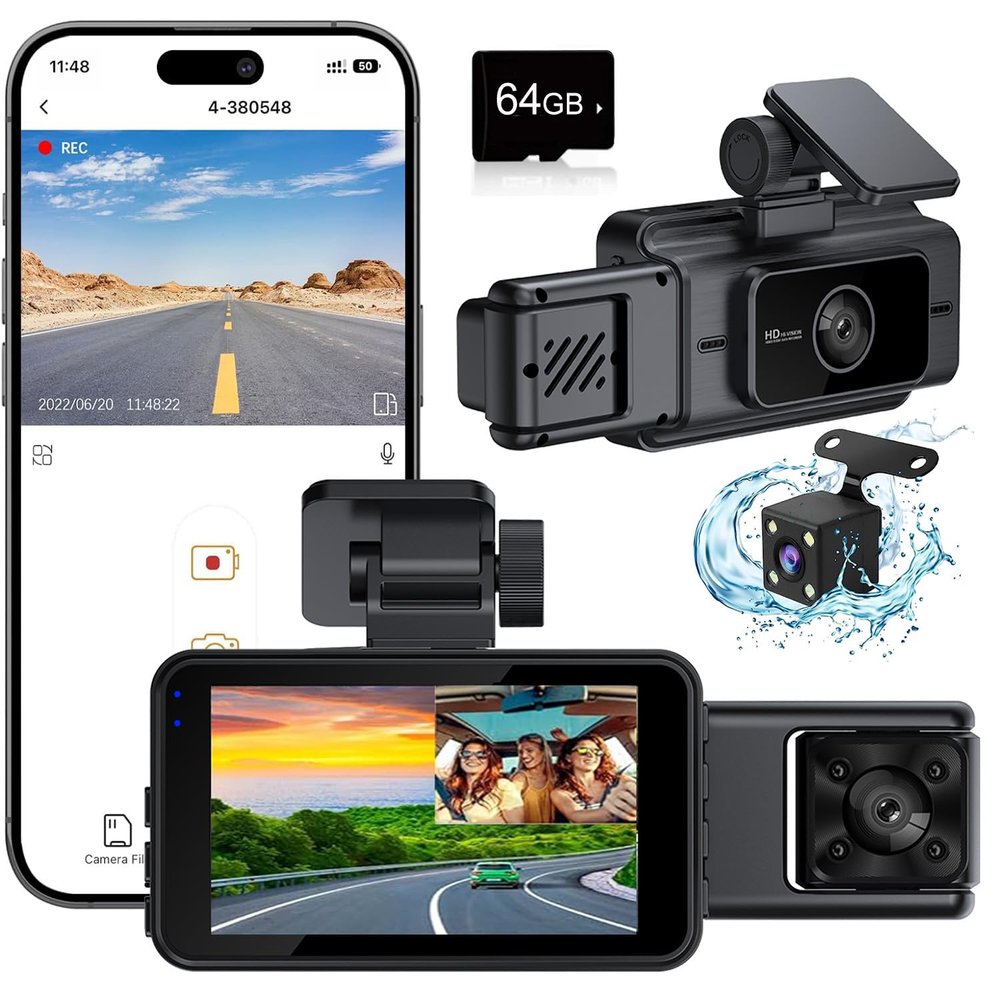 Dash Cam Front and Rear, Car Camera with 64GB Card, 3 Channel Dash Camera for Cars, G-Sensor, 3IPS Screen, 24Hr Parking, 170Wide Angle, Loop Recording, IR Night Vision