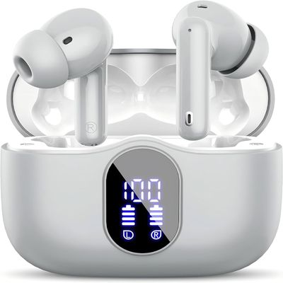 Btootos Wireless Earbuds Bluetooth 5.3 Headphones Bass Stereo Ear Buds with Noise Cancelling Mic LED Display in Ear Earphones IP7 Waterproof 36H Playtime for Laptop Pad Phones Sports Graphite Gray