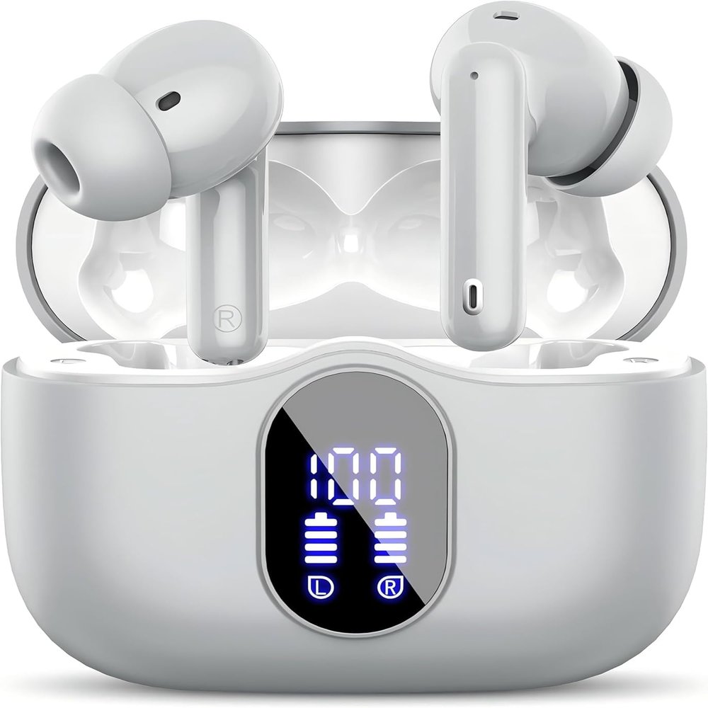 Btootos Wireless Earbuds Bluetooth 5.3 Headphones Bass Stereo Ear Buds with Noise Cancelling Mic LED Display in Ear Earphones IP7 Waterproof 36H Playtime for Laptop Pad Phones Sports Graphite Gray