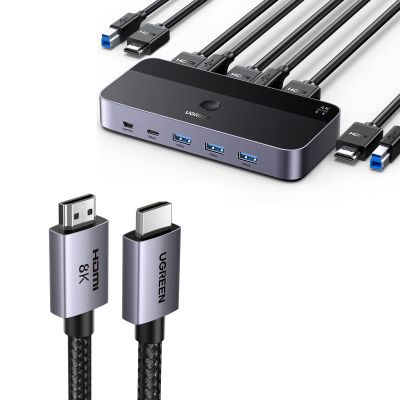UGREEN USB 3.0 HDMI KVM Switch with 4 USB 3.0 Ports (3 USB-A+1 USB-C) 4K@60Hz Bundle with 8K HDMI 2.1 Cable 48Gbps 6.6FT, Certified Ultra High Speed Cord Aluminum, 4K@240Hz 120Hz 8K@60Hz