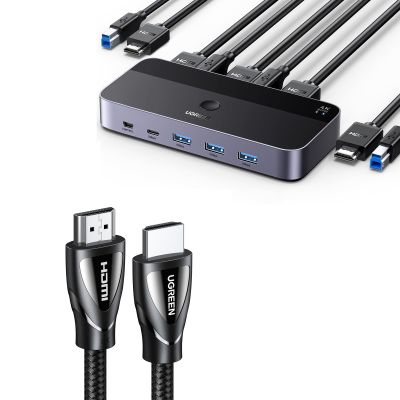 UGREEN USB 3.0 HDMI KVM Switch with 4 USB 3.0 Ports (3 USB-A+1 USB-C) 4K@60Hz Bundle with 8K HDMI Cable 2.1 6.6FT, 48Gbps Ultra High Speed Cord Braided 8K@60Hz 4K@240Hz