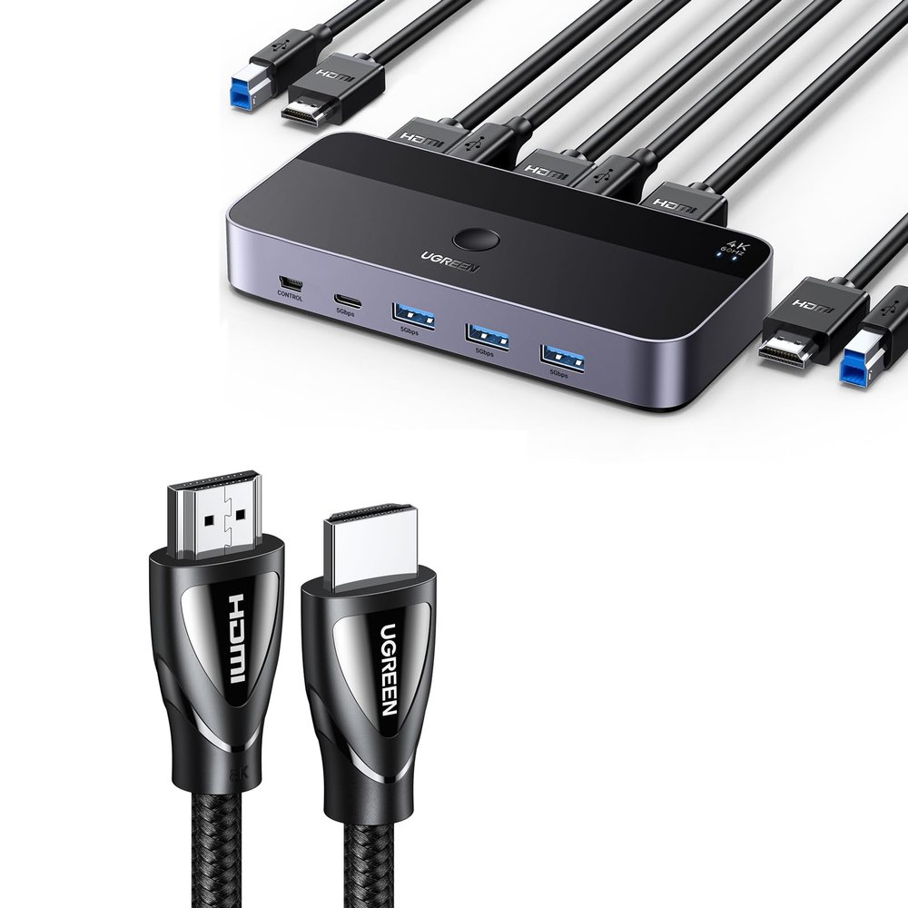 UGREEN USB 3.0 HDMI KVM Switch with 4 USB 3.0 Ports (3 USB-A+1 USB-C) 4K@60Hz Bundle with 8K HDMI Cable 2.1 6.6FT, 48Gbps Ultra High Speed Cord Braided 8K@60Hz 4K@240Hz