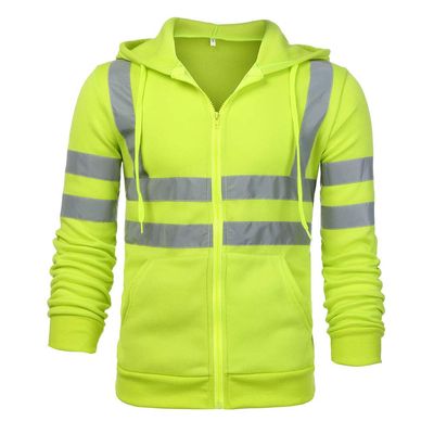 High Visibility Safety Sweatshirt for Men Class 3 Reflective Strips Zipper Up Hooded Jacket Work Utility Hi-Vis Hoodies Green, Medium