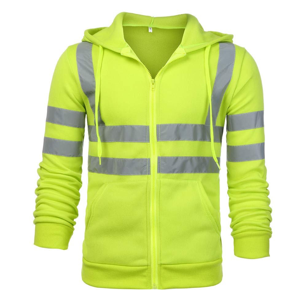 High Visibility Safety Sweatshirt for Men Class 3 Reflective Strips Zipper Up Hooded Jacket Work Utility Hi-Vis Hoodies Green, Medium