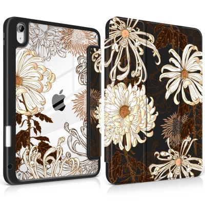 MEEgoodo Case for iPad A16 11th Generation 11 inch 2025/10th Gen 10.9 inch 2022, Cover with Clear Acrylic Back Shell,Tablet Case with Pencil Holder+Auto Wake/Sleep+Trifold Stand, White Chrysanthemums