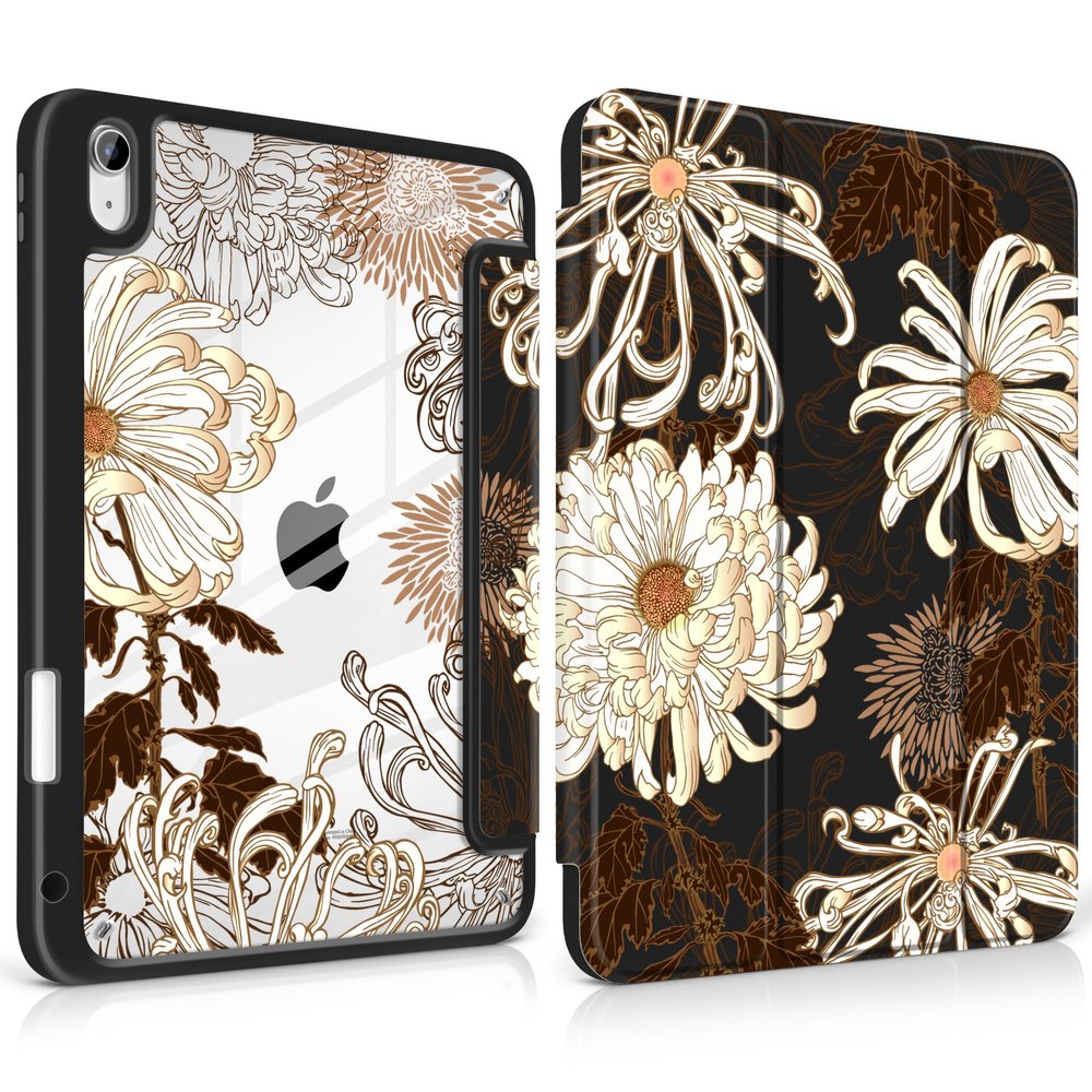 MEEgoodo Case for iPad A16 11th Generation 11 inch 2025/10th Gen 10.9 inch 2022, Cover with Clear Acrylic Back Shell,Tablet Case with Pencil Holder+Auto Wake/Sleep+Trifold Stand, White Chrysanthemums