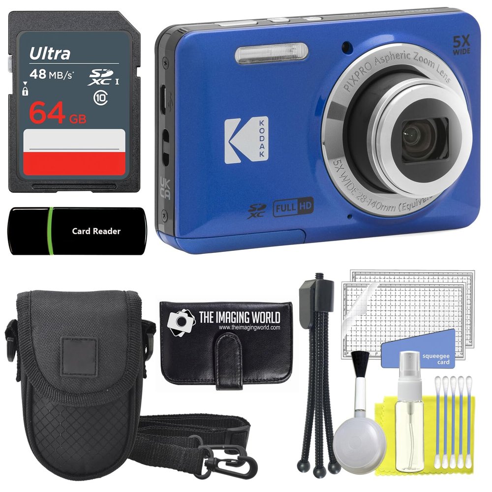 Kodak PIXPRO FZ55 Blue 16MP Digital Camera 5X Optical Zoom 28mm Wide Angle 1080P Full HD Video 2.7" LCD Camera + 64GB Card and Reader + Case + Memory Wallet + Tripod + Cleaning Bundle