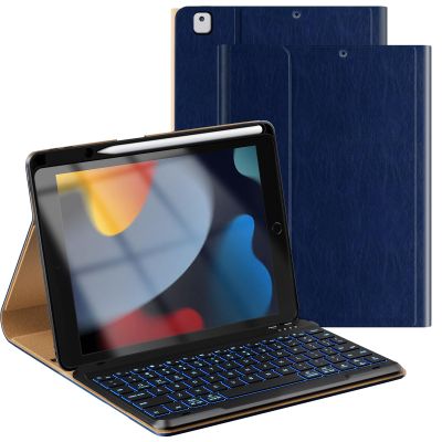 OPAKIT Leather Keyboard Case for iPad 9th/8th/7th Generation 10.2 inch, iPad Pro 10.5-inch Air 3rd Case with Pencil Holder, 7 Color Backlight BT Keyboard (2021/2020/2019/2017), NavyBlue