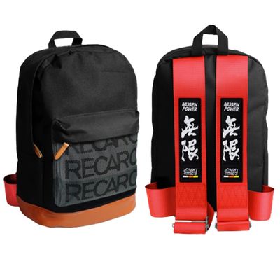 W-POWER JDM Bride Recaro Racing Laptop Travel Backpack Brown Bottom with Adjustable Harness Straps (MUGEN-Red Strap)