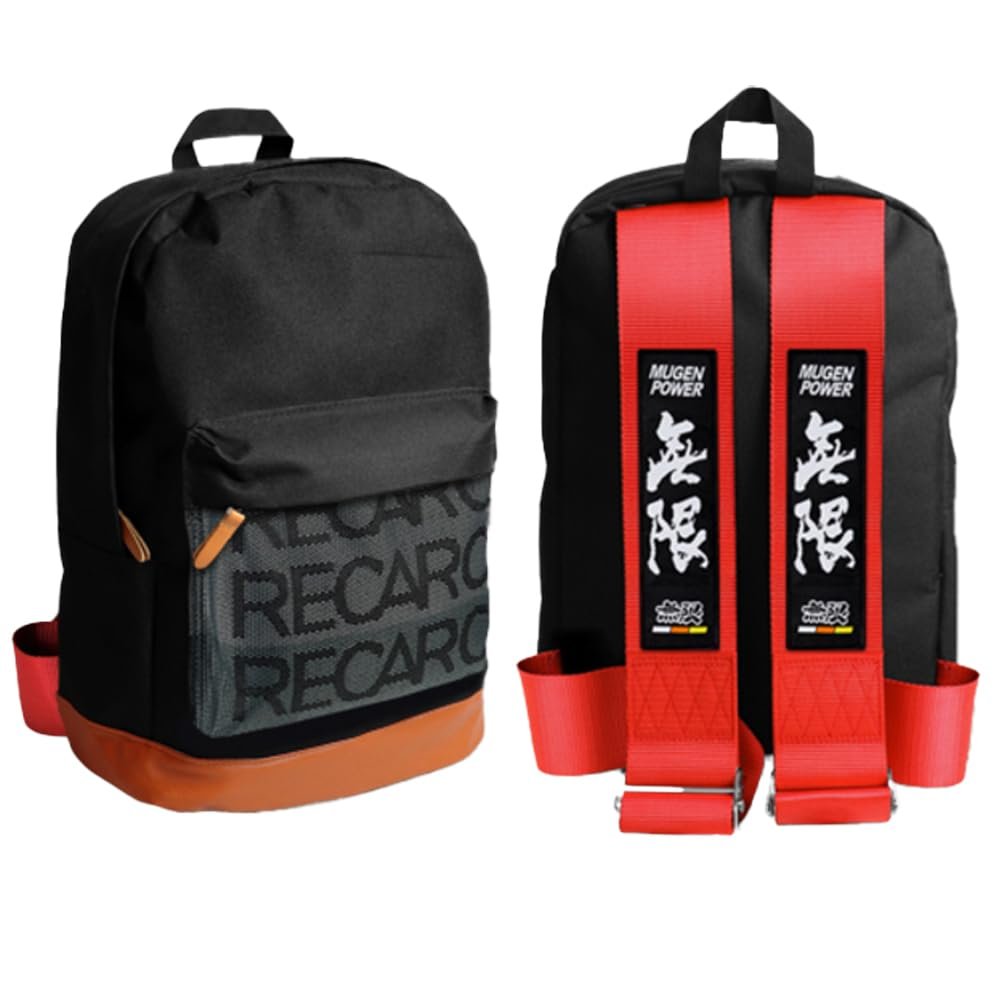 W-POWER JDM Bride Recaro Racing Laptop Travel Backpack Brown Bottom with Adjustable Harness Straps (MUGEN-Red Strap)