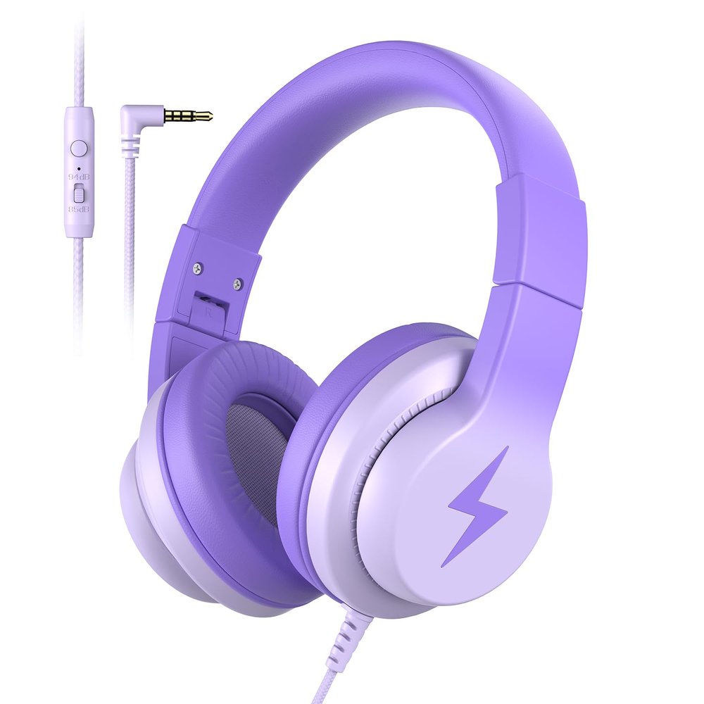 Candy Bila Kids Headphones, Wired Headphones for Kids Over Ear with Microphone, 85/94dB Volume Limiter Headphone for Girls Boys, Foldable Headphone for Learning & Entertainment, Gradient Deep Purple
