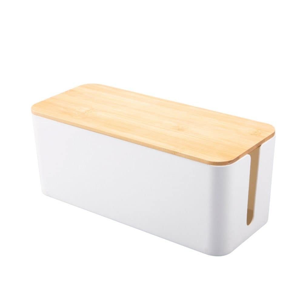 1PCS Cable Storage Box,Wooden Power Line Storage Case Desktop Cable Finishing Hidden Black Line Storage Bin Data Cable Storage Box(M-Bamboo White)