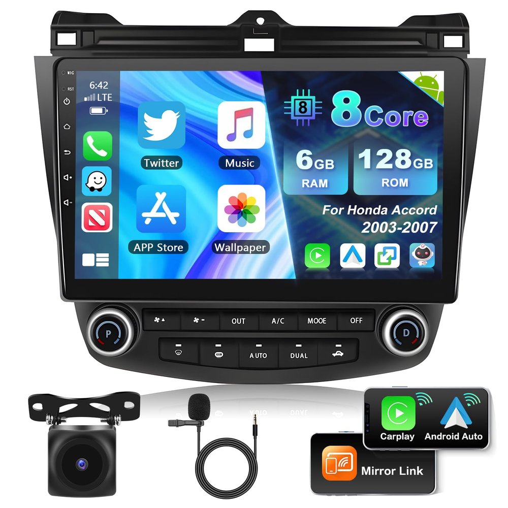 8Core 6G+128GWireless Apple Carplay & Android Auto Car Stereo for Honda Accord 2003 2004 2005 2006 2007,10.1" IPS 1280*720 Touchscreen Car Radio with Bluetooth 5.0/GPS/SWC/FM&RDS+Backup Camera+MIC