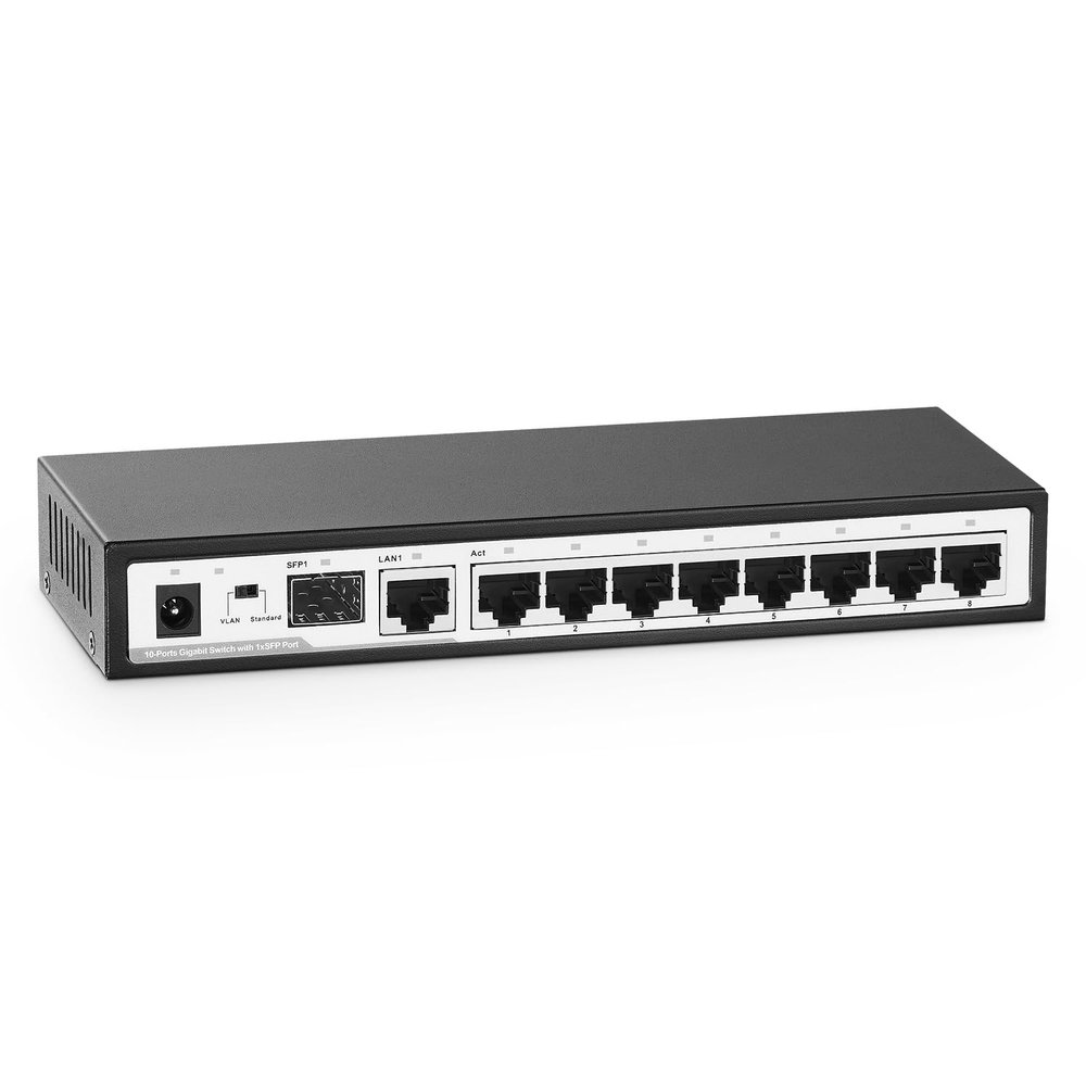 10 Port Gigabit Switch, 8 x 100/1000Mbps Ports, 1 Gigabit Uplink, 1 Gigabit SFP, Support Vlan, Metal Fanless Unmanaged Plug and Play YuLinca Ethernet Switch