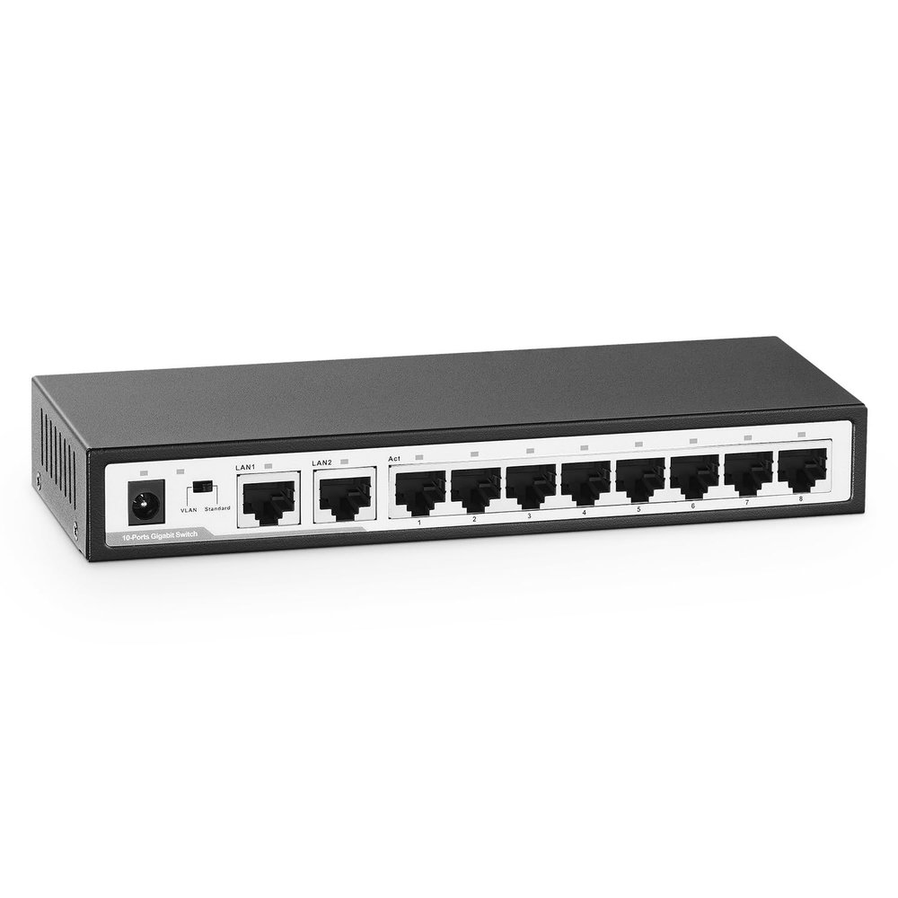 10 Port Gigabit Switch, 8 x 100/1000Mbps Ports, 2 Gigabit Uplink, Support Vlan, Metal Fanless Unmanaged Plug and Play YuLinca Ethernet Switch