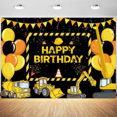 10x6.5ft Construction Happy Birthday Backdrop Black Yellow Balloons Trucks Excavator Photography Background Kids Boys Birthday Party Decoration Supplies Photo Booth Props
