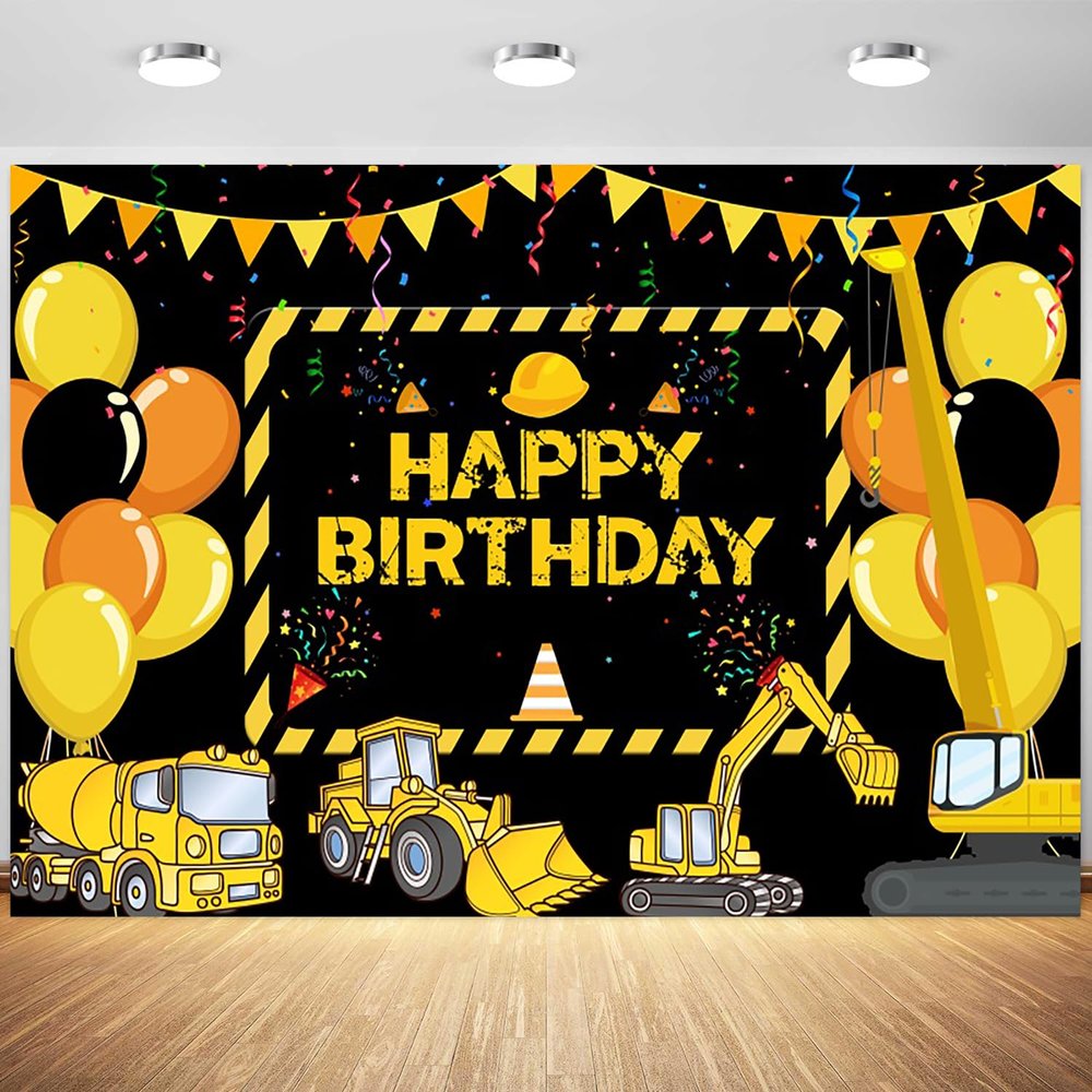 10x6.5ft Construction Happy Birthday Backdrop Black Yellow Balloons Trucks Excavator Photography Background Kids Boys Birthday Party Decoration Supplies Photo Booth Props