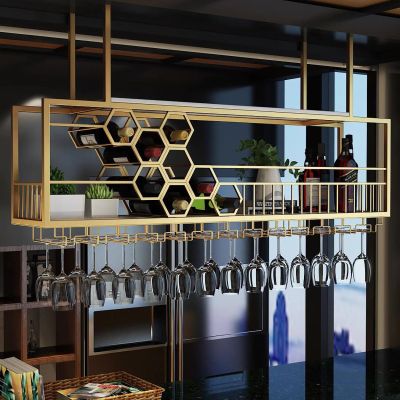 Ceiling Wine Rack - Hanging Floating Shelves, Gold Plant Stand Wine Bottle Rack, Bar Storage Shelves with Glass Holder, Display Rack for Home / Dining / Room / Kitchen, Easy to install ( Size : 90*30*