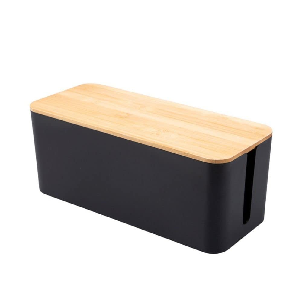 1PCS Cable Storage Box,Wooden Power Line Storage Case Desktop Cable Finishing Hidden Black Line Storage Bin Data Cable Storage Box(M-Bamboo Black)