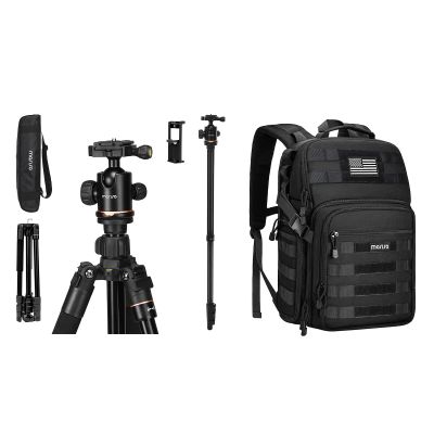 MOSISO 360 Degree Ball Head Aluminum Camera Tripod Stand with Bag&Phone Mount&Camera Backpack, DSLR/SLR/Mirrorless Equipment Bag with Tripod Holder&Laptop Compartment, Black