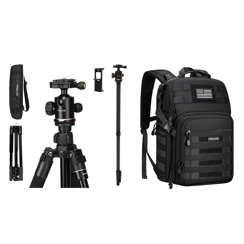MOSISO 360 Degree Ball Head Aluminum Camera Tripod Stand with Bag&Phone Mount&Camera Backpack, DSLR/SLR/Mirrorless Equipment Bag with Tripod Holder&Laptop Compartment, Black