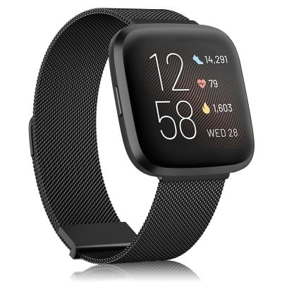 Amzpas Band Compatible with Fitbit Versa 2 Bands/Fitbit Versa Bands for Women Men, Adjustable Stainless Steel Mesh Loop Magnetic Strap for Fitbit Versa 2 / Versa Lite/Versa SE Smartwatch,Black