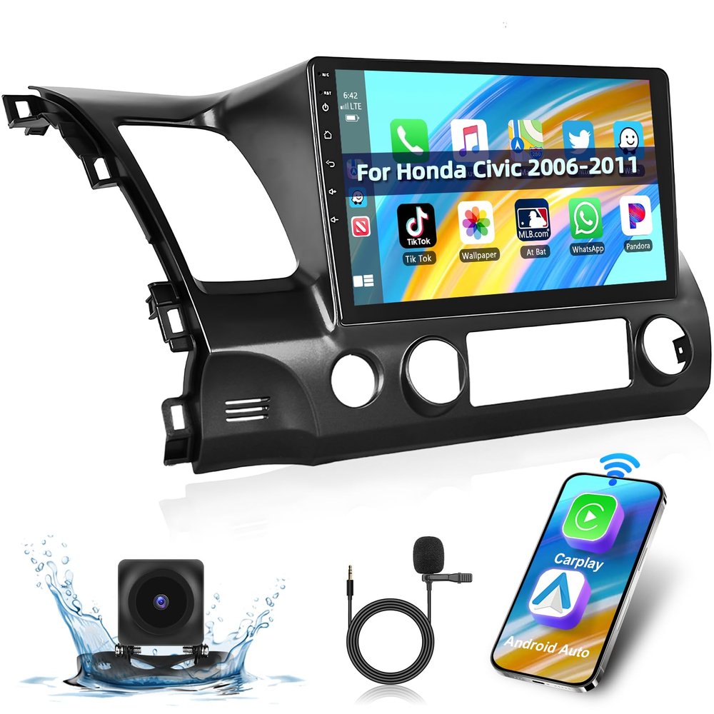 Podofo2+64G Apple Carplay Android Auto Car Stereo for Honda Civic 2006 2007 2008 2009 2010 2011,10.1" Touch Screen Bluetooth Car Audio with GPS Navigation FM RDS WiFi Mirror Link HD Backup Camera