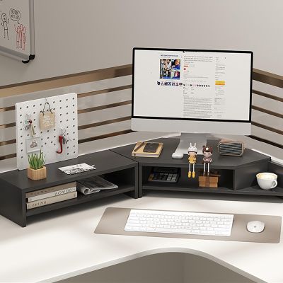 Corner Monitor Stand Corner Monitor Stand 2 Tier Office Organizer Rack with Storage and Holey Board, Wooden Corner Monitor Stands for Desk, Monitor Shelf Riser (Color : Black)