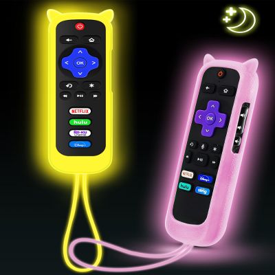 2Pack ONEBOM Cover for Roku Remote with Cat Ears Design,Silicone Skin Case Compatible with Hisense/TCL Roku TV,Steaming Stick/Express,Universal Controller Glow in The Dark(Glow Pink&Glow Yellow)